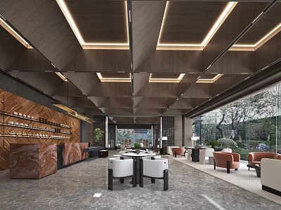 Modern Restaurant Interior With Wooden Ceiling Recessed Lighting Leather Seats And Large Windows 3d model