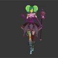 Game Movie Character With Blue Twin Tails Purple Dress And Lantern Staff