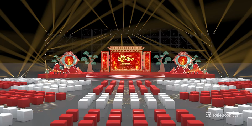 Traditional Stage Setup With Red Gold Decorations Lanterns Scrolls And Seats 3d model
