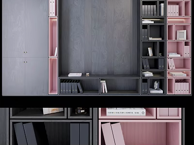 Modern TV Wall Unit With Dark And Pink Wooden Cabinets Open Shelves And Storage Spaces 3d model