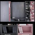 Modern TV Wall Unit With Dark And Pink Wooden Cabinets Open Shelves And Storage Spaces