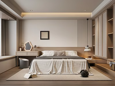 Modern Bedroom Interior Design With Comfortable Bed Shutter Wardrobe Vanity And Soft Lighting 3d model