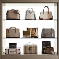 Stylish Leather Handbags and Vintage Suitcases on Three Tiered Display Shelf
