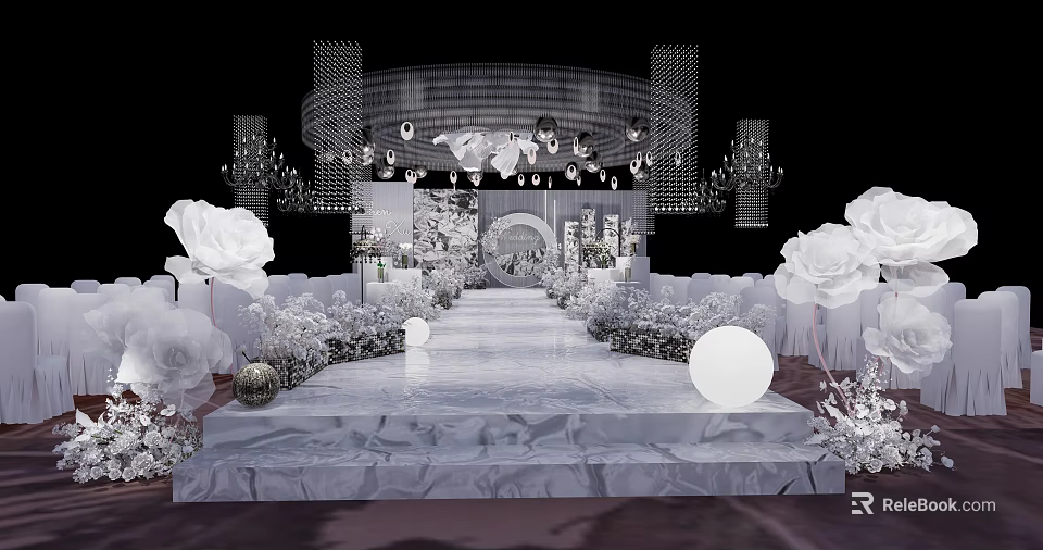 Elegant Wedding Venue Setup With White Roses Marble Steps And Chandelier Decorations 3d model 