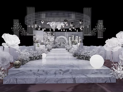 Elegant Wedding Venue Setup With White Roses Marble Steps And Chandelier Decorations 3d model
