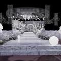 Elegant Wedding Venue Setup With White Roses Marble Steps And Chandelier Decorations