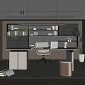 Modern Study Room Interior With Wooden Desk Office Chair Bookshelf And Potted Plant