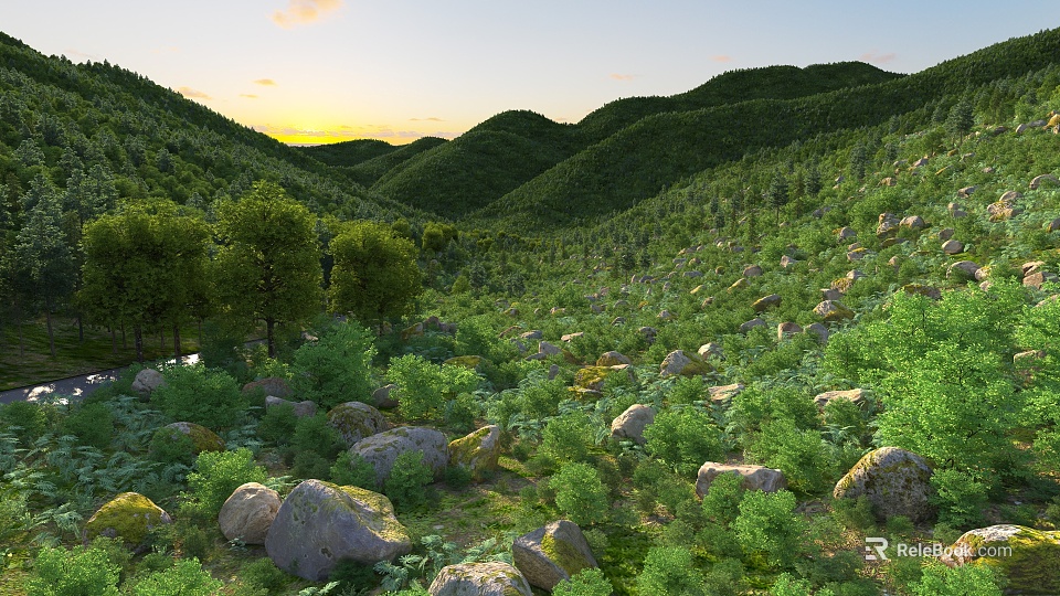 Scenic Mountain Valley Landscape With Green Mountains Dense Trees Scattered Rocks And Sunset Sky 3d model 