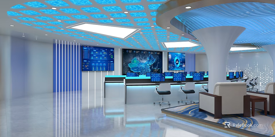 Modern Service Hall Featuring Digital Displays Control Desks Ergonomic Chairs And Blue Ceiling Design 3d model 