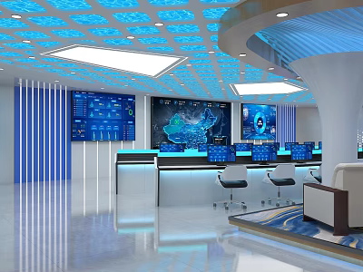 Modern Service Hall Featuring Digital Displays Control Desks Ergonomic Chairs And Blue Ceiling Design 3d model