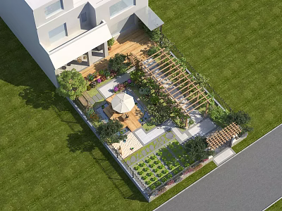Beautiful Courtyard Garden Design With Lush Grass Wooden Deck Pergola And Outdoor Seating 3d model