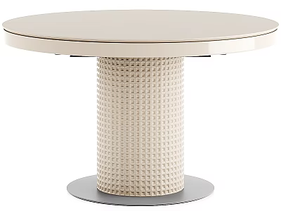 Elegant Round Dining Table With Smooth Light Colored Tabletop And Woven Pedestal Base 3d model