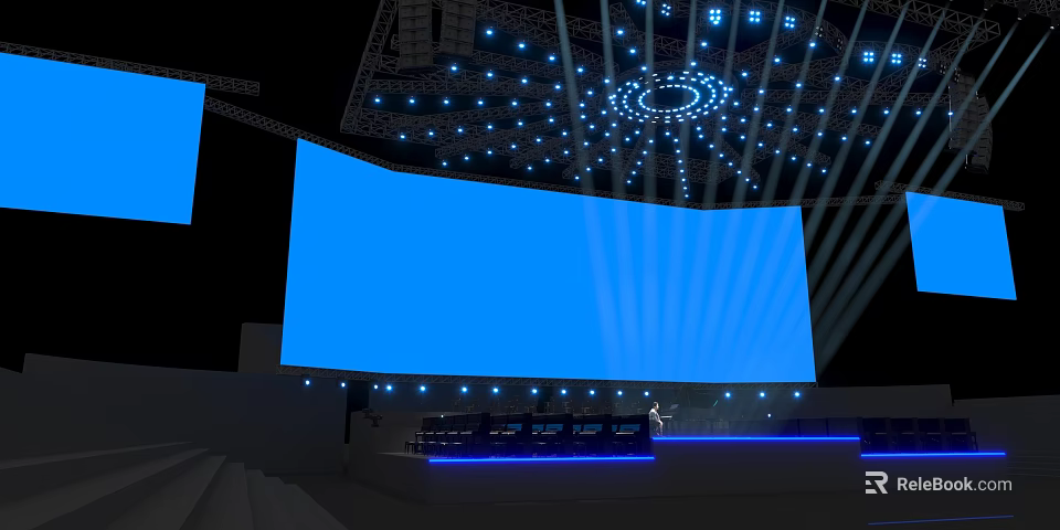 Elegant Stage Setup With Large Blue Screen And Bright Lighting Effects 3d model 