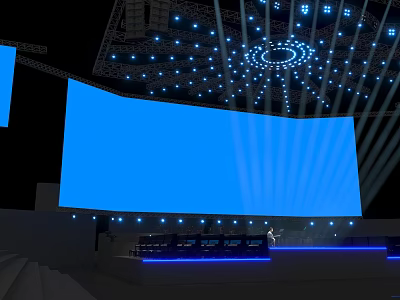 Elegant Stage Setup With Large Blue Screen And Bright Lighting Effects 3d model
