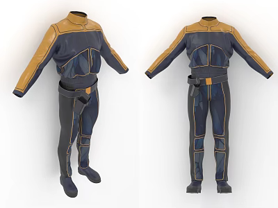 Dark Blue And Brown Color Blocked Full Body Jumpsuit With Waist Belt And Long Sleeves 3d model