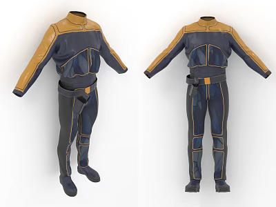 Dark Blue And Brown Color Blocked Full Body Jumpsuit With Waist Belt And Long Sleeves 3d model