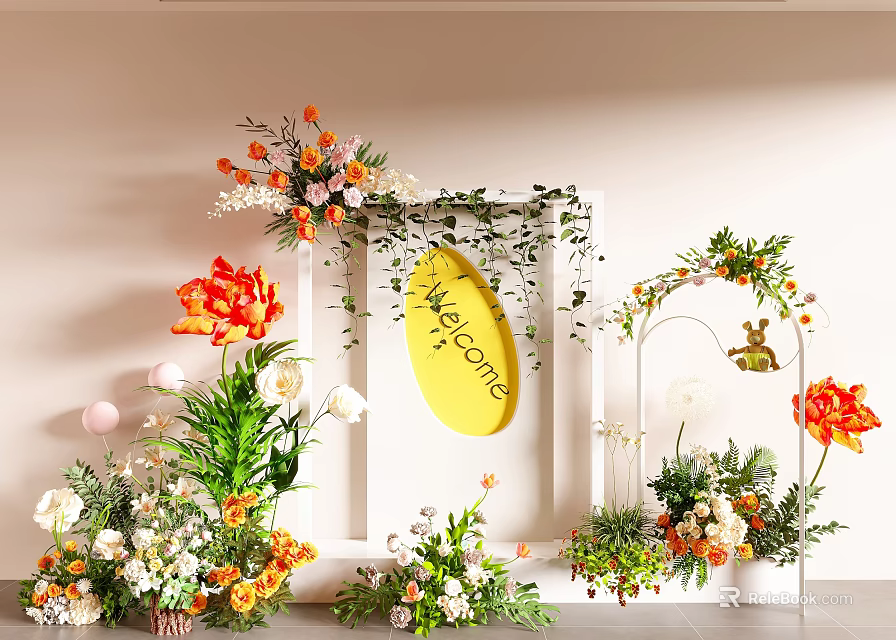 Elegant Floral Display With White Frame Yellow Welcome Sign Green Vines And Orange White Flowers 3d model 