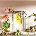 Elegant Floral Display With White Frame Yellow Welcome Sign Green Vines And Orange White Flowers