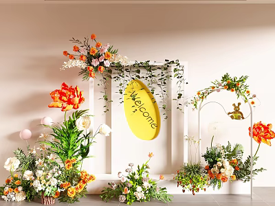 Elegant Floral Display With White Frame Yellow Welcome Sign Green Vines And Orange White Flowers 3d model