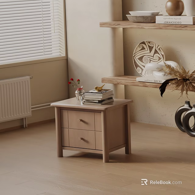 Wooden Bedside Table with Two Drawers Stack of Books and Vase in Cozy Bedroom 3d model 