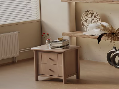 Wooden Bedside Table with Two Drawers Stack of Books and Vase in Cozy Bedroom 3d model