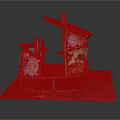 Architectural Model Featuring Green Curved Roof Red Pillars Wheels At Base And Stone Slab
