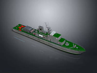 Military Patrol Boat Featuring Green Deck Gray Hull Red Objects And Radar Antennas 3d model