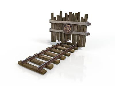 Rustic Wooden Architectural Fence Gate With Circular Design And Extended Wooden Track 3d model