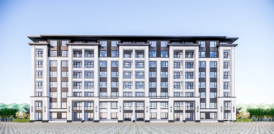 Modern Multi Storey Residential Building Exterior With White Dark Facade And Large Windows 3d model 