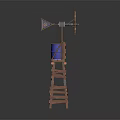 Wooden Tower Structure With Wind Vane Windmill Parts And Blue Barrel