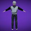Man In Gray Black Jacket Black T Shirt Dark Pants White Shoes Against Purple Background