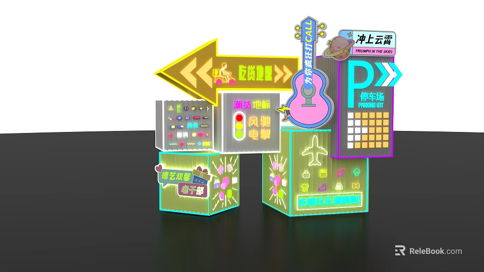 Popular Photo Check-in Spot With Vibrant Neon Signs Guitar Decorations Arrow Signs And Colorful Cubes 3d model 