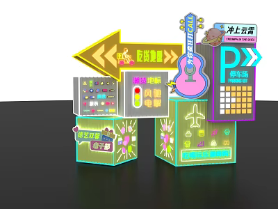 Popular Photo Check-in Spot With Vibrant Neon Signs Guitar Decorations Arrow Signs And Colorful Cubes 3d model