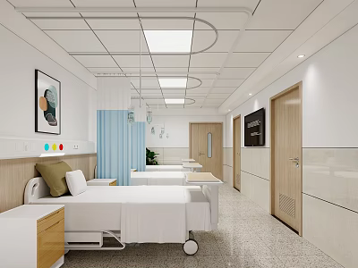 Hospital Outpatient Ward With Beds Curtains And Wall Art 3d model