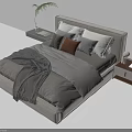 Modern Double Bed Featuring Gray Bedspread Throw Blanket Pillows Bedside Table Lamp and Plant 3d model
