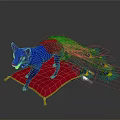 Blue Fox Sculpture With Peacock Feather Tail On Red Cushion