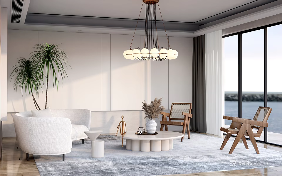 Modern Living Room With White Sofa Coffee Table Set Wooden Chairs Chandelier And Potted Plants 3d model 