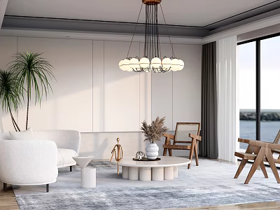 Modern Living Room With White Sofa Coffee Table Set Wooden Chairs Chandelier And Potted Plants 3d model