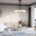 Modern Living Room With White Sofa Coffee Table Set Wooden Chairs Chandelier And Potted Plants