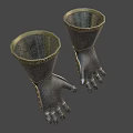 Ornate Metal Gauntlets Featuring Intricate Decorative Patterns And Gold Accents For Medieval Attire