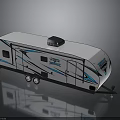 White Impact Travel Trailer With Blue Decorative Accents Black Rooftop Unit Windows And Wheels