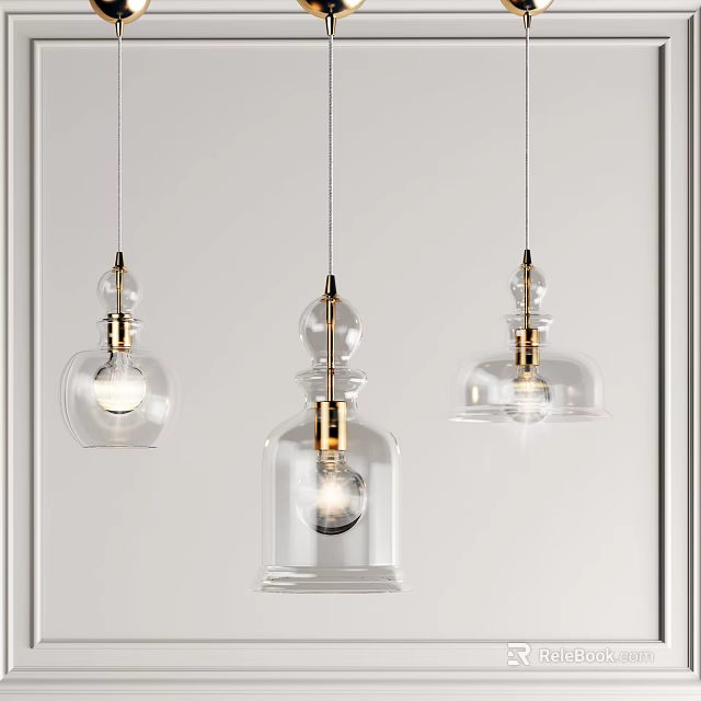 Modern Three Pendant Lights With Glass Shades Gold Accents And Transparent Bulbs 3d model 