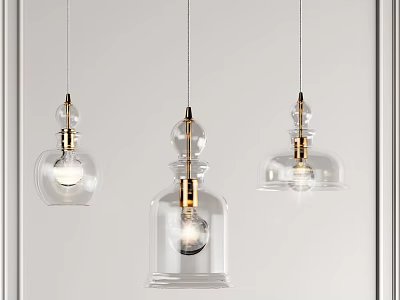 Modern Three Pendant Lights With Glass Shades Gold Accents And Transparent Bulbs 3d model