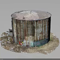 Rusty Oil Tank Exterior With Weathered Surface And Colorful Graffiti On Surrounding Ground