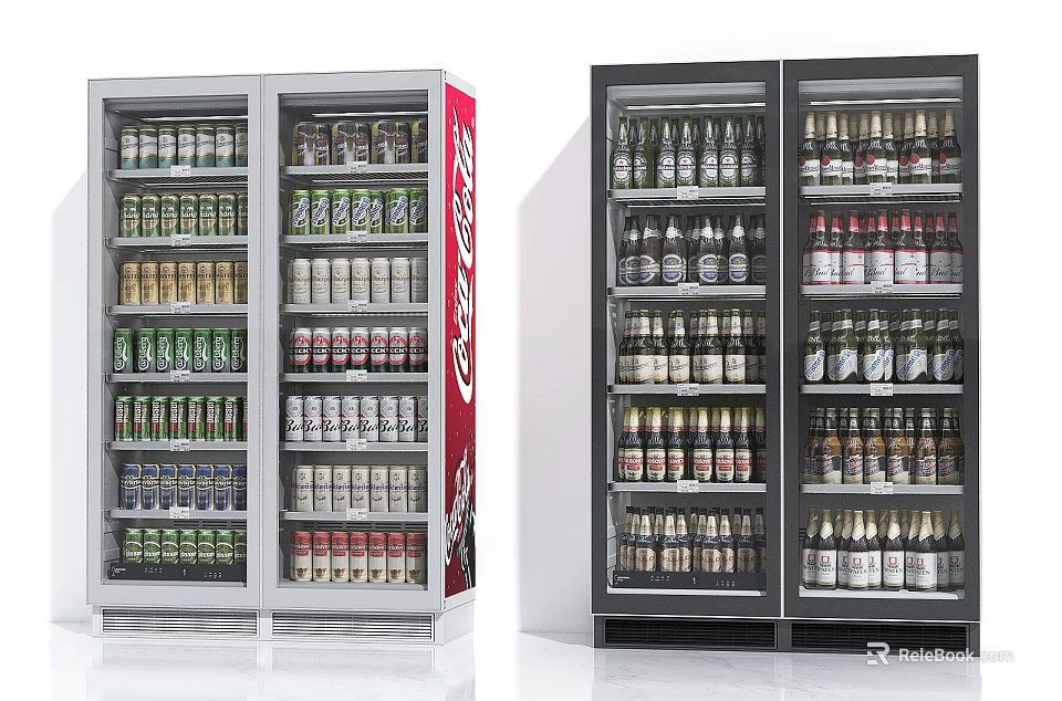 Commercial Beverage Refrigerators Filled With Various Bottled Drinks And Coca Cola For Retail 3d model 
