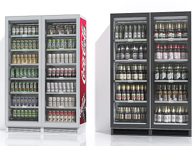 Commercial Beverage Refrigerators Filled With Various Bottled Drinks And Coca Cola For Retail 3d model