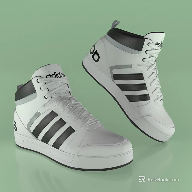 Adidas High Top Shoes Featuring White Upper Black Stripes and White Laces 3d model 