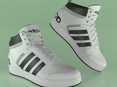 Adidas High Top Shoes Featuring White Upper Black Stripes and White Laces 3d model