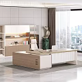 Modern Office Desk With White Chair Glass Bookcase Decorations Plant Sculpture And City View