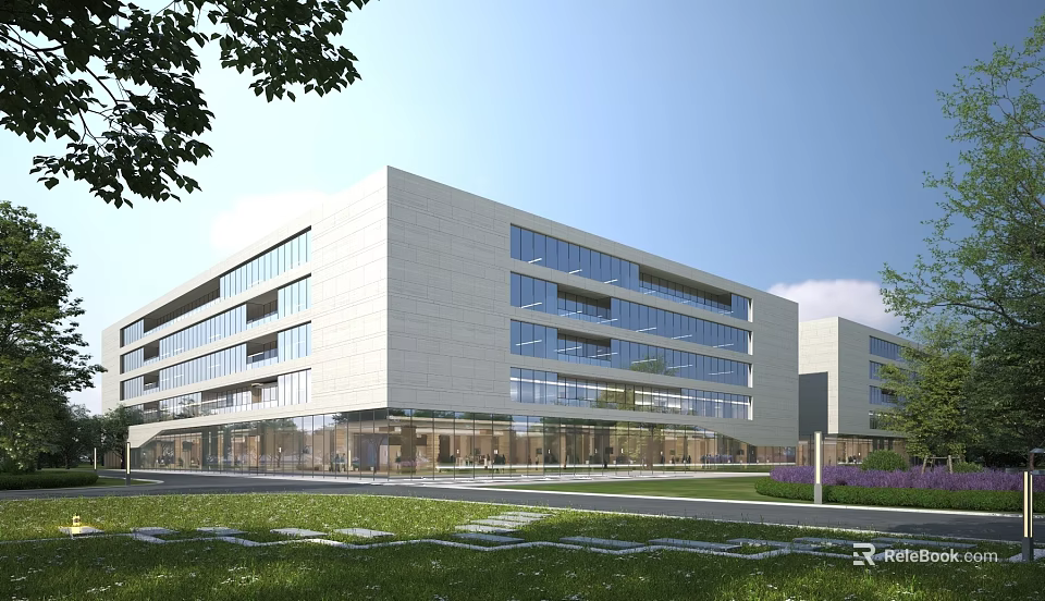 Modern Multi Storey Industrial Factory Building With Glass Curtain Wall Lawn And Trees 3d model 